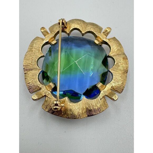 Vintage Large Gold ToBlue Green Faceted Glass Rhineston Brooch Signed STAR - Picture 4 of 7